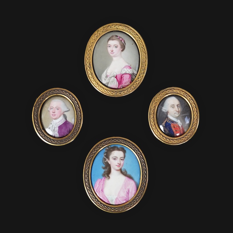 English School c.1760, Miniature portraits of the Cartwright Family, enamel on copper (4), largest 4.5 x 3.75cm, framed as one